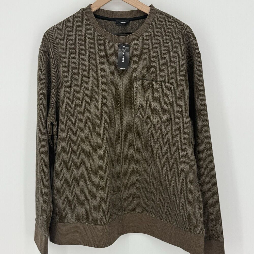 Express Relaxed Herringbone Long Sleeve Pocket T-Shirt in Chai Size Large NWT